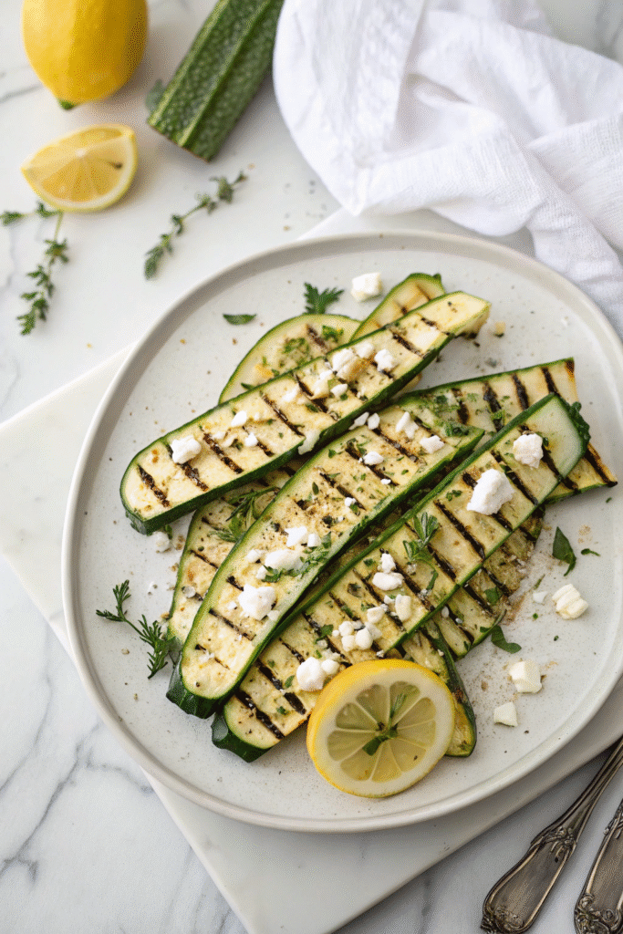 grilled zucchini spears with lemon and feta