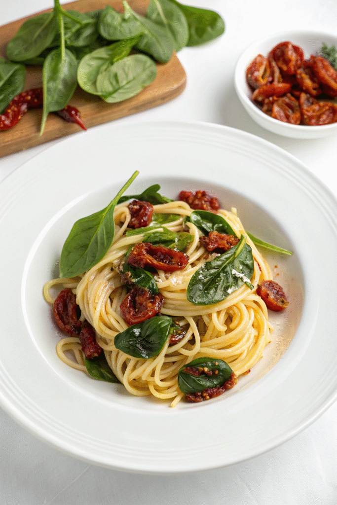 20-Minute Sun-Dried Tomato & Spinach Pasta
