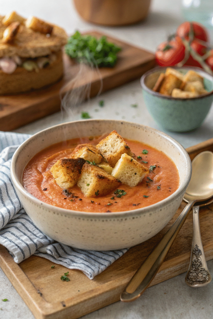 Creamy Tomato Soup with Grilled Cheese Croutons