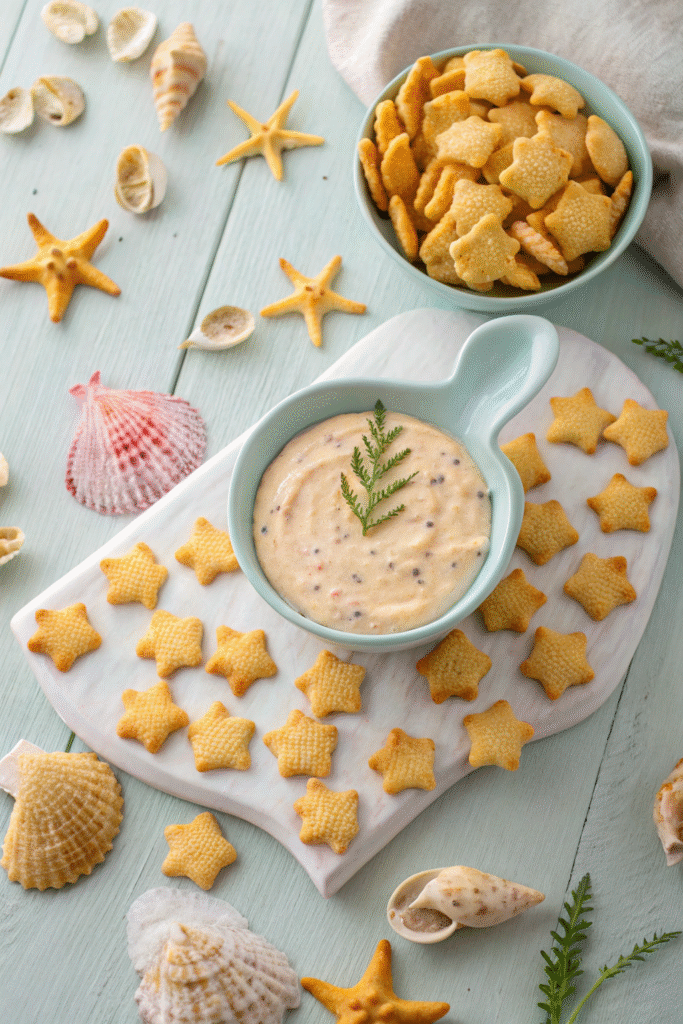 Fish crackers in table with dip, under the sea snacks for kids mood.