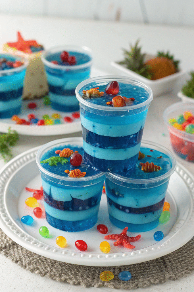 Jell-O Ocean Cups, under the sea snacks for kids mood.