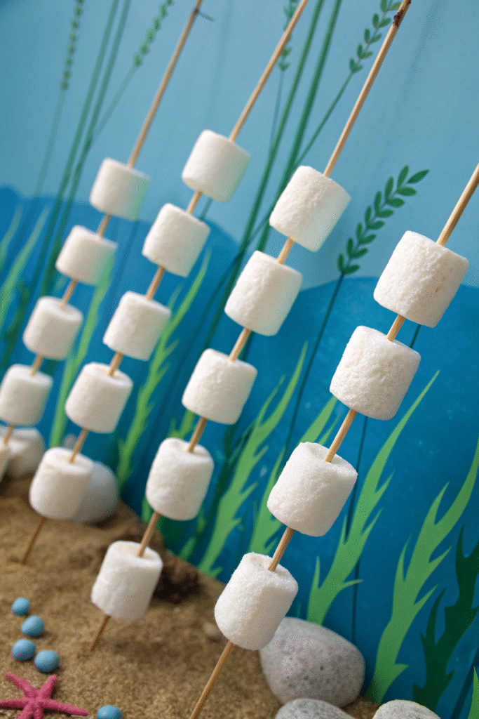 Marshmallow "Fishing" Poles, under the sea snacks for kids mood.