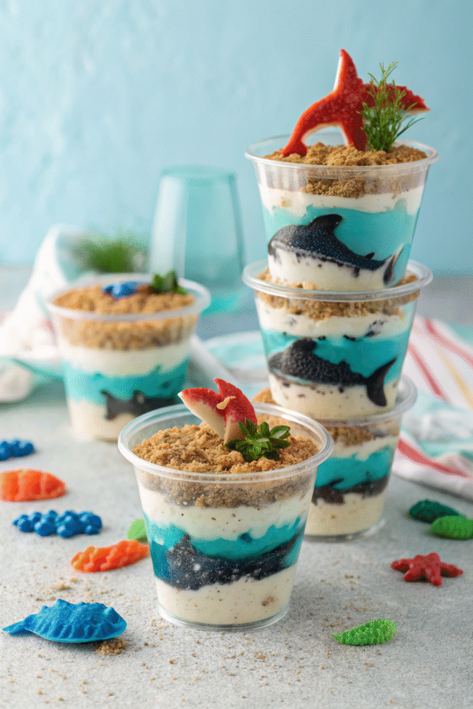 Sandy Beach Pudding Cups, under the sea snacks for kids mood.