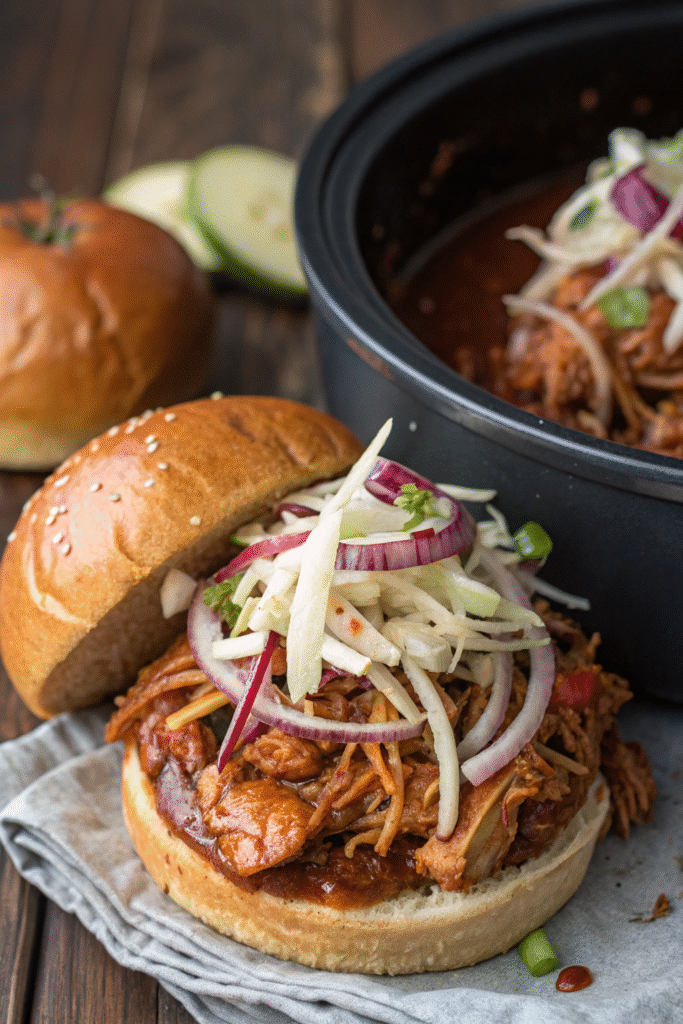 Crockpot BBQ Pulled Chicken with Apple Slaw