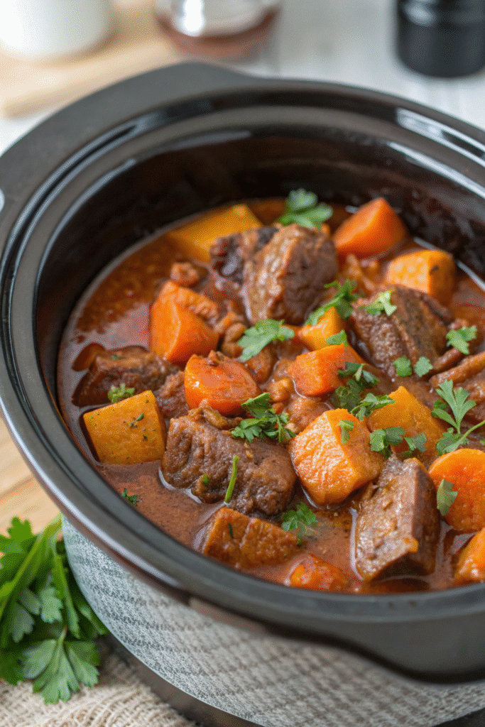Crockpot Honey Garlic Beef Stew with Sweet Potatoes